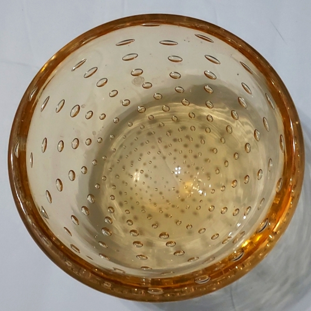 Handblown Art Glass Bowl Controlled Bubbles some surface scratches Yellow smooth